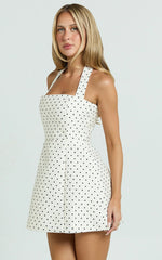 Dante Mini Dress Halter Neck Tie Tulip Skirt Dress in White Polkadot