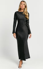 Arriana Midi Dress - Long Sleeve Cowl Back Satin Dress in Black