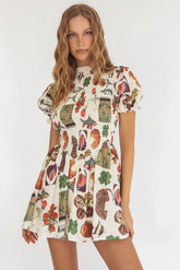 Nia Shirred Puff Sleeve Mini Dress Exotic Print Beige