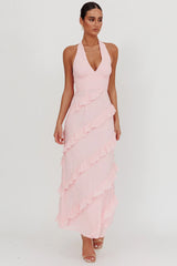 Flirt Frill Trim Halter Maxi Dress Blush