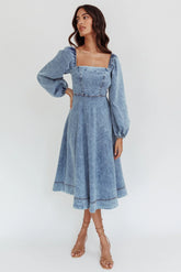 Jeanie Long Sleeve Midi Dress Denim Blue