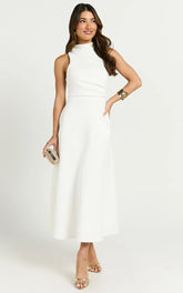 Macy Midi Dress High Neck A Line Dress in Off White