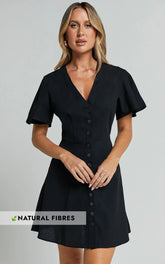 Sahar Mini Dress Flutter Sleeve Button Through Dress in Black