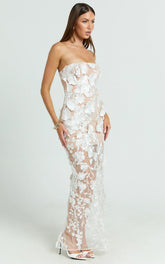 Sienna Maxi Dress 3D Floral Strapless Column Dress in White
