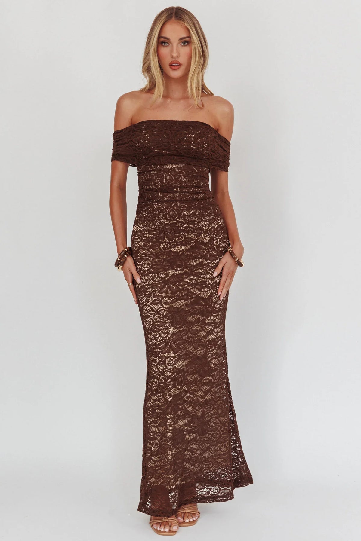 Flutters Off-Shoulder Lace Maxi Dress Chocolate