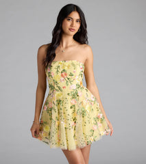 Emilliana Lace-Up Floral Embroidered Skater Dress