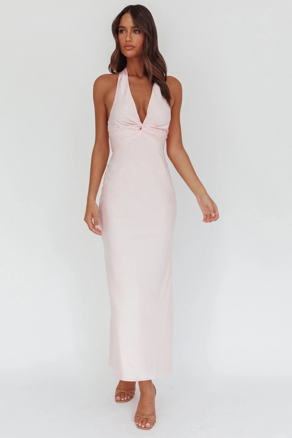 Devotion Twist Bust Halter Maxi Dress Baby Pink