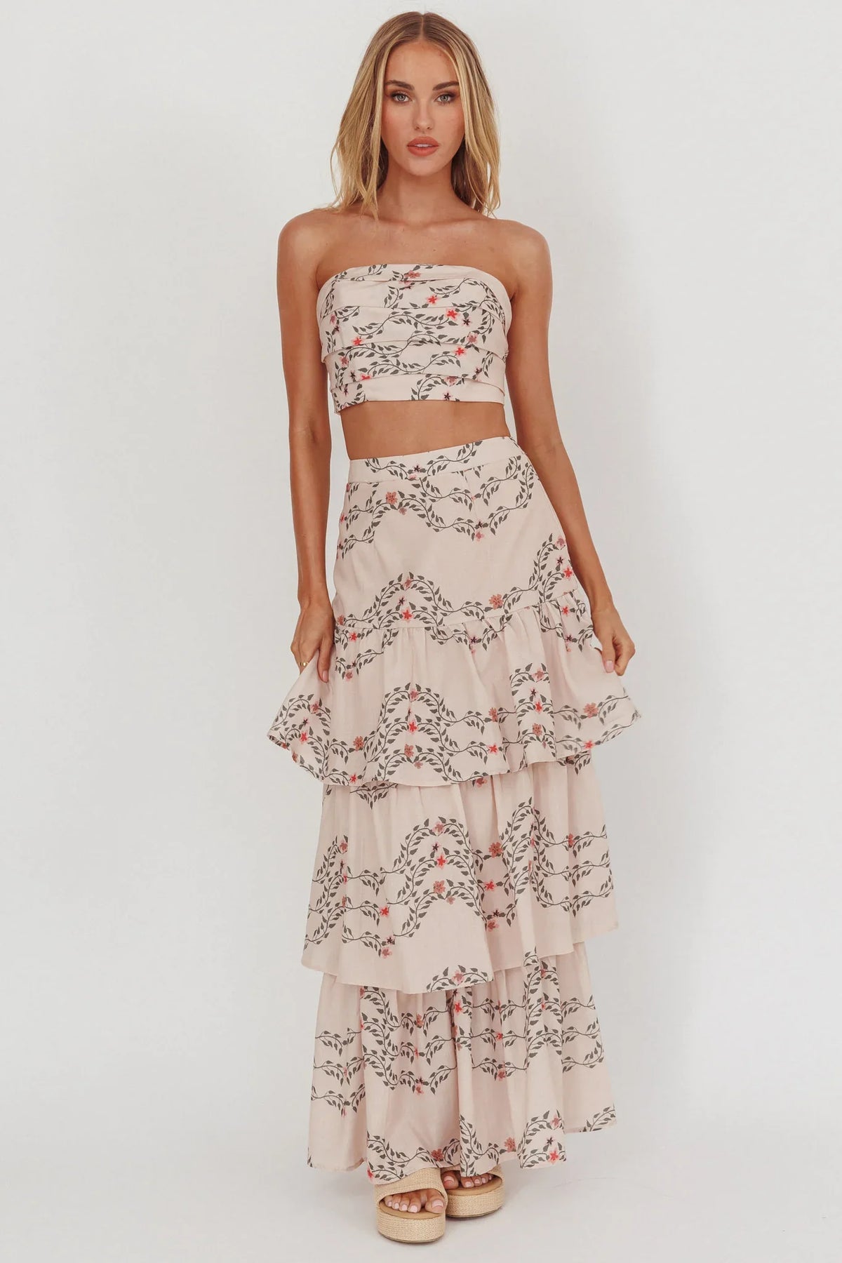 Ezmeralda Tiered Ruffle Maxi Skirt Floral Beige