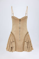 Lace-Up Tiered Corset Mini Dress in Tan
