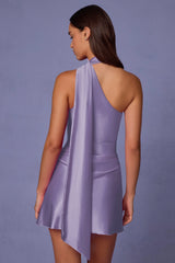 Asymmetric Scarf-Detail Mini Dress in Lilac