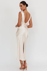 Leila V-Neck Low Back Satin Midi Dress Ivory