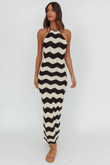 Yelena Halter Neck Knit  Maxi Dress Zig-Zag Cream