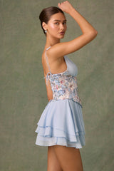 Embellished Ruffled Corset Mini Dress in Floral Blue