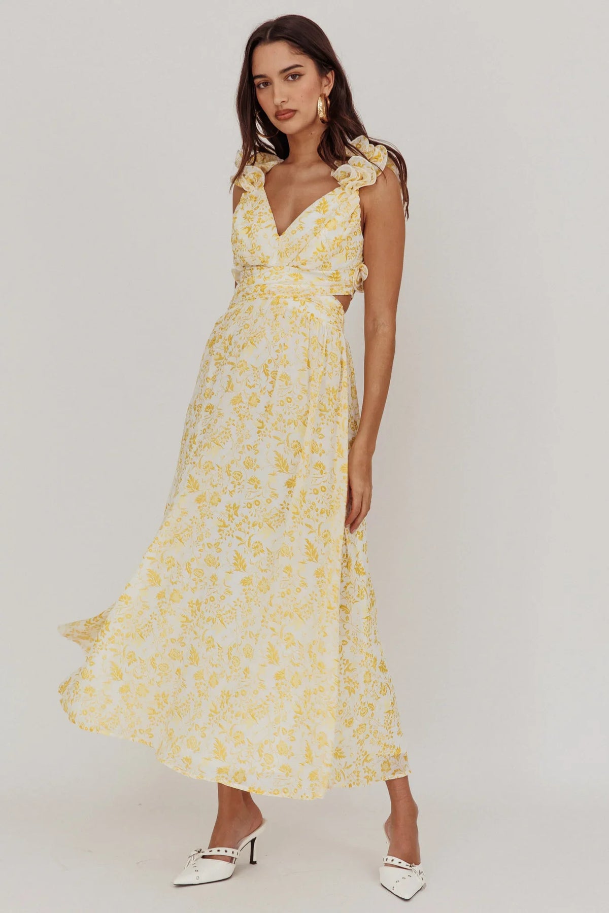 Madara Lace-Up Back Maxi Dress Floral Yellow