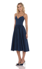 Corset V-Neck Midi Dress in Navy