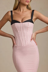 Layered Bra-Detail Fishtail Midaxi Dress in Pink Polka Dot