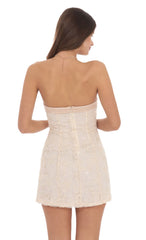 Strapless Floral Shimmer Sequin Dress in Cream