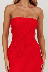 Just Friends Strapless Ruffle Maxi Dress Red