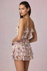 Ruffled Lace-Up A-Line Mini Dress in Primrose Floral Print
