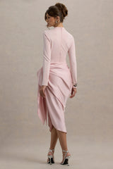 Raffie | Pink Long-Sleeve Midi Dress With Satin Wrap Skirt