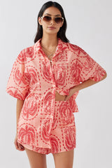 Cora Elastic Waist Shorts Print Red Salmon