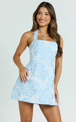 Gabbie Mini Dress Jacquard Halter Fit And Flare Dress in Blue