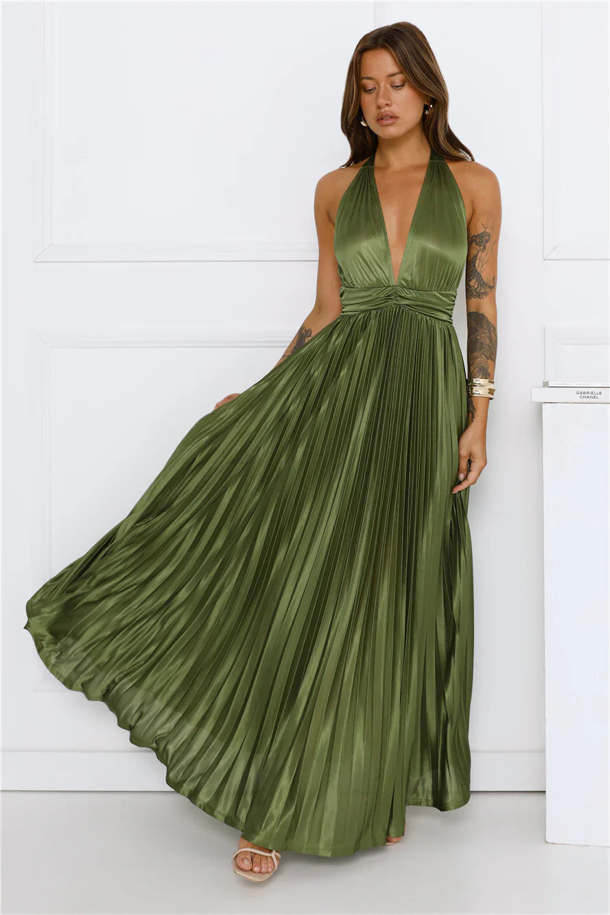 Shimmering Sea Pleated Halter Maxi Dress