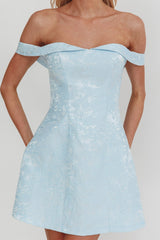Mikado Off-Shoulder Foldover Mini Dress Jacquard Blue