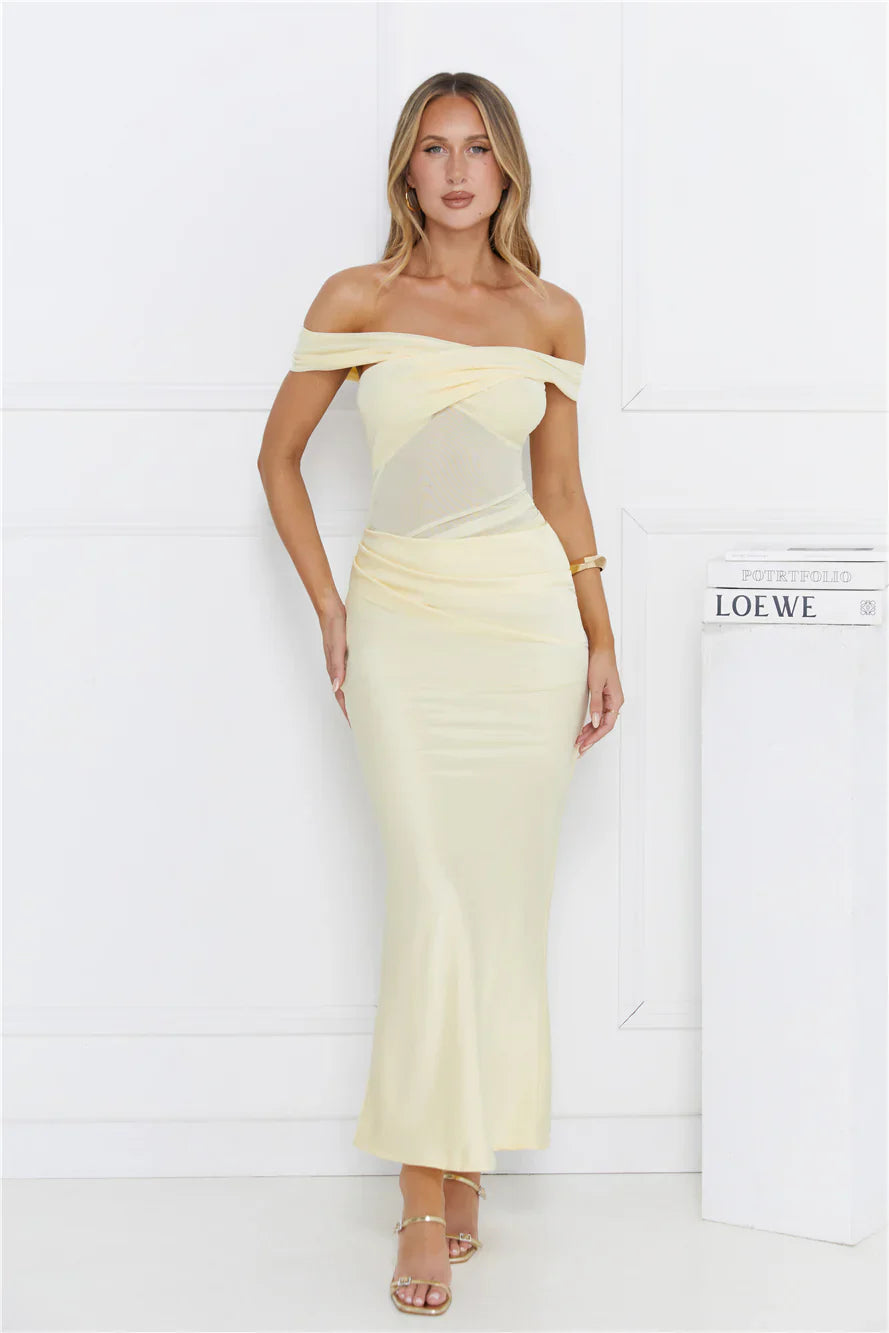 Silent Dreams Mesh Satin Off Shoulder Maxi Dress