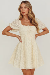 Dandelions Puff Sleeves A-Line Mini Dress Cream