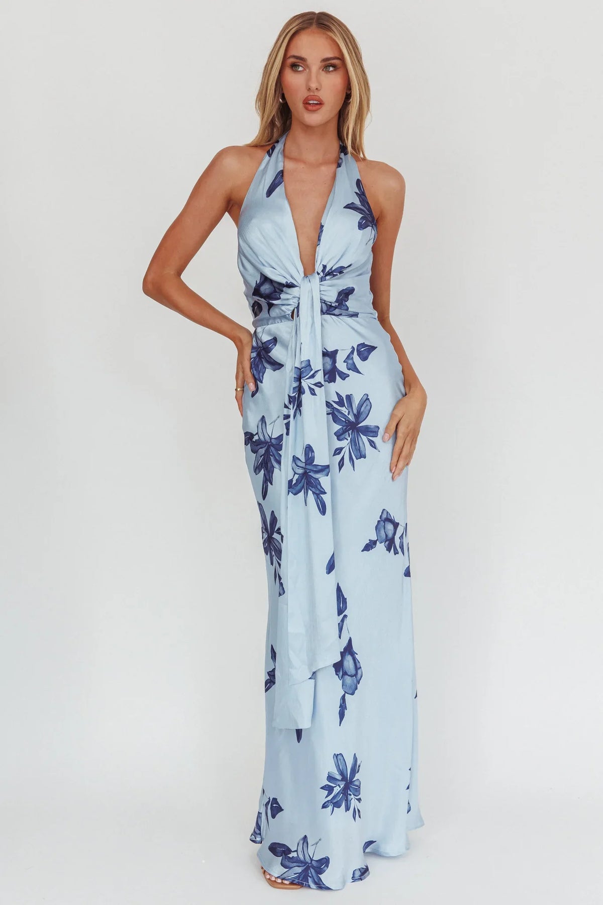 Make Believe Plunging Halterneck Maxi Dress Floral Navy