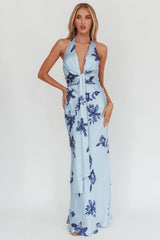 Make Believe Plunging Halterneck Maxi Dress Floral Navy