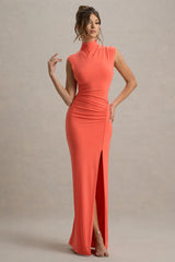 Lanetta | Coral Ruched High-Neck Maxi Dress With Split