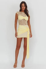 Baie Hip Sash Lace Overlay Mini Dress Lemon