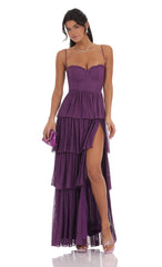 Mesh Ruffle Maxi Dress in Purple