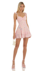 Floral Dotted A-Line Dress in Pink