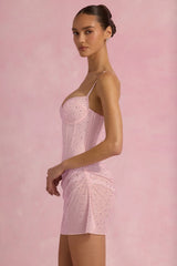 Semi-Sheer Embellished Draped Corset Mini Dress in Pink