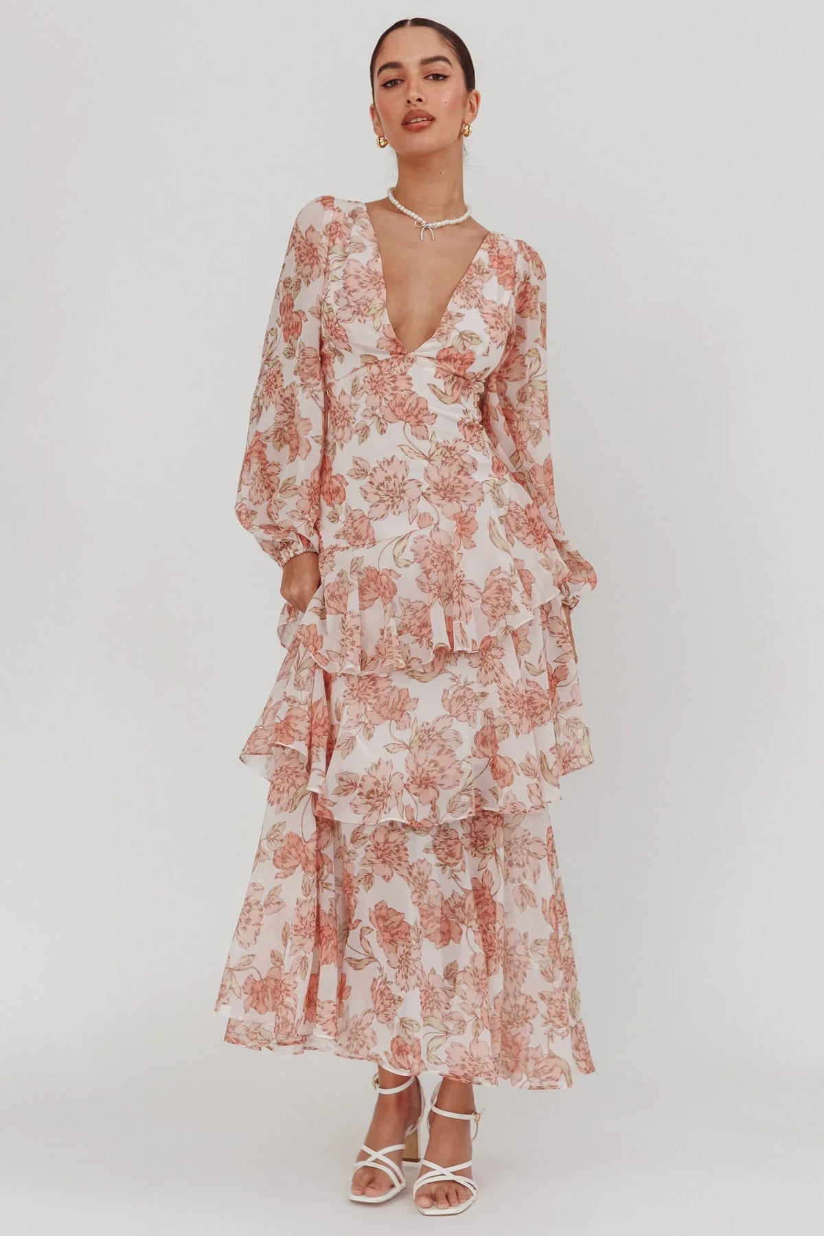 Veda Long Sleeve Floral Tiered Ruffle Maxi Dress Peach
