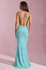 Embellished Cowl-Neck Backless Maxi Dress in Aqua Blue