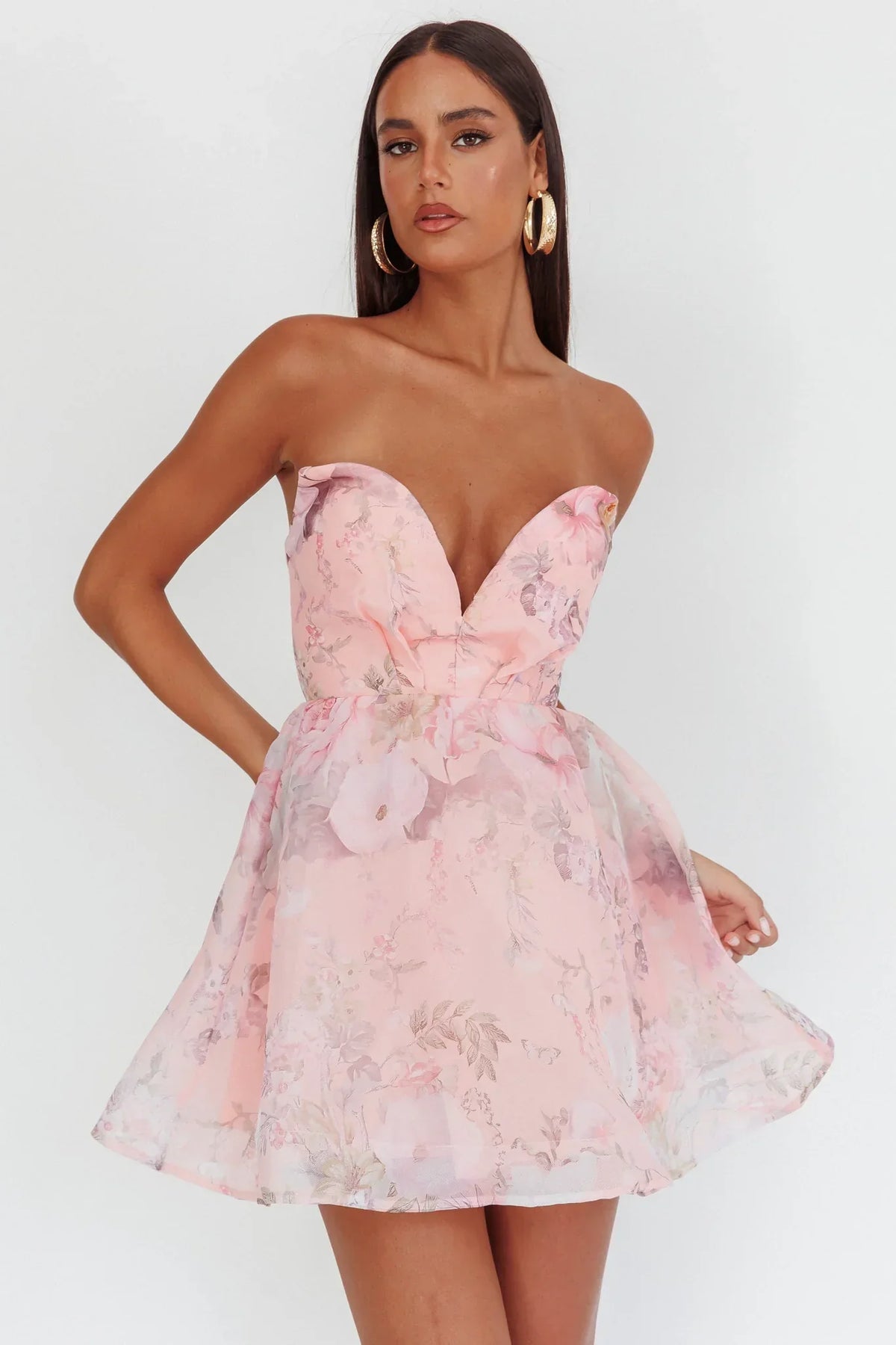 Gem Deep Sweetheart Neckline Mini Dress Floral Pink