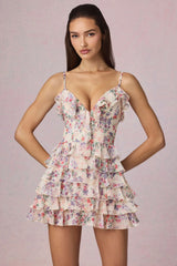 Ruffled Lace-Up A-Line Mini Dress in Primrose Floral Print