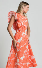 Alfreda Midi Dress One Shoulder Ruffle Detail Brailey Jacquard Dress in Orange