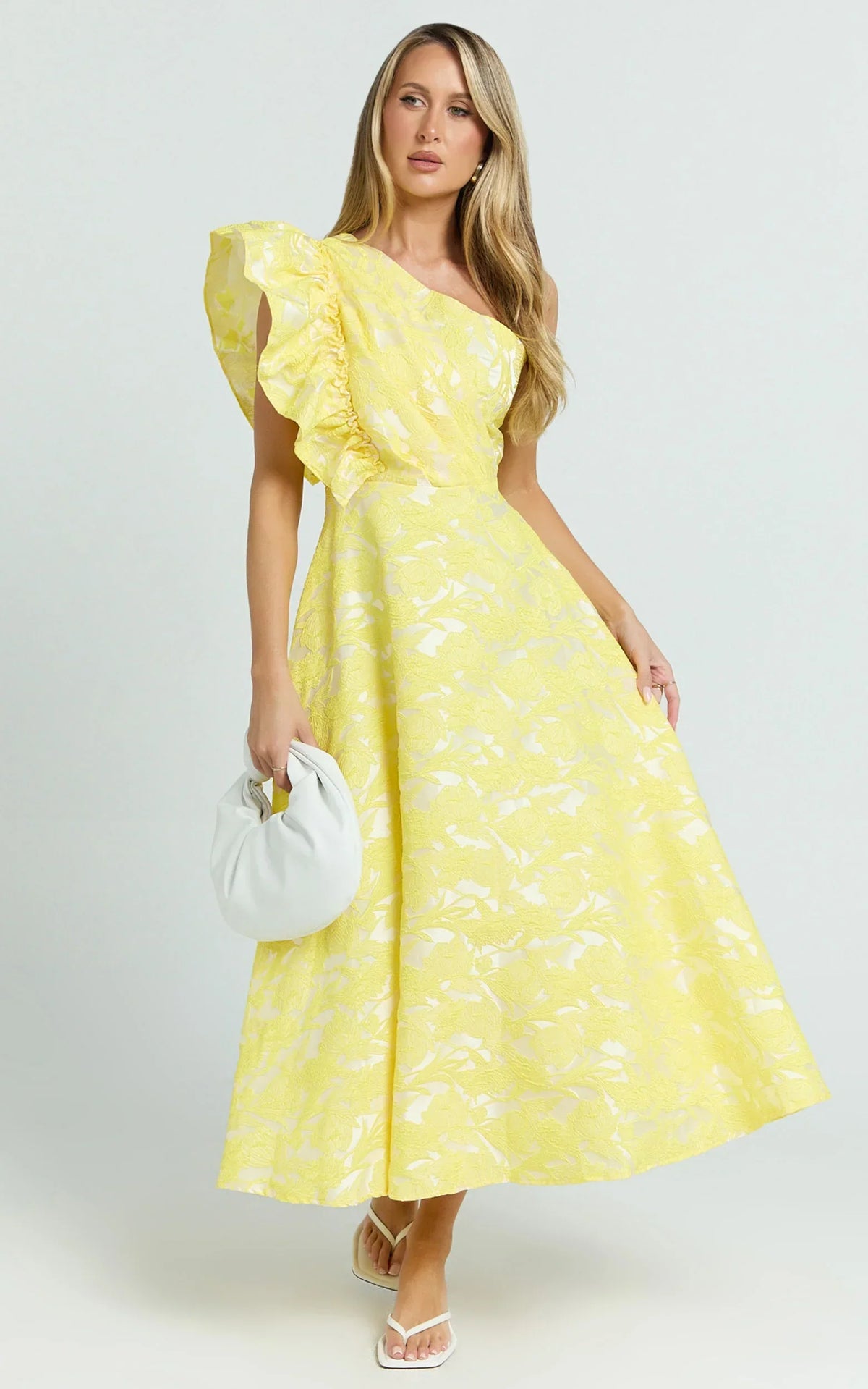 Alfreda Midi Dress One Shoulder Ruffle Detail Brailey Jacquard Dress in Yellow