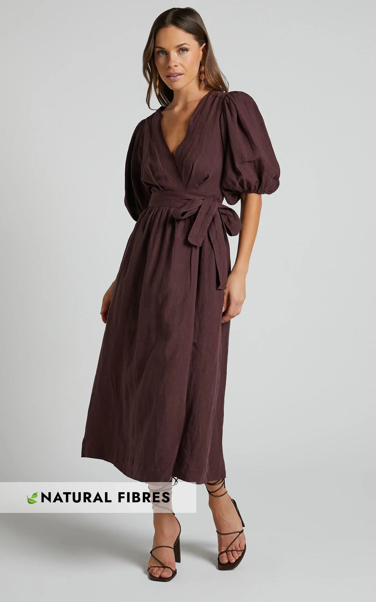 Amalie The Label - Franc Linen Puff Sleeve Wrap Midi Linen Dress