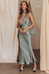 Italia Azure Halterneck Maxi Dress Khaki