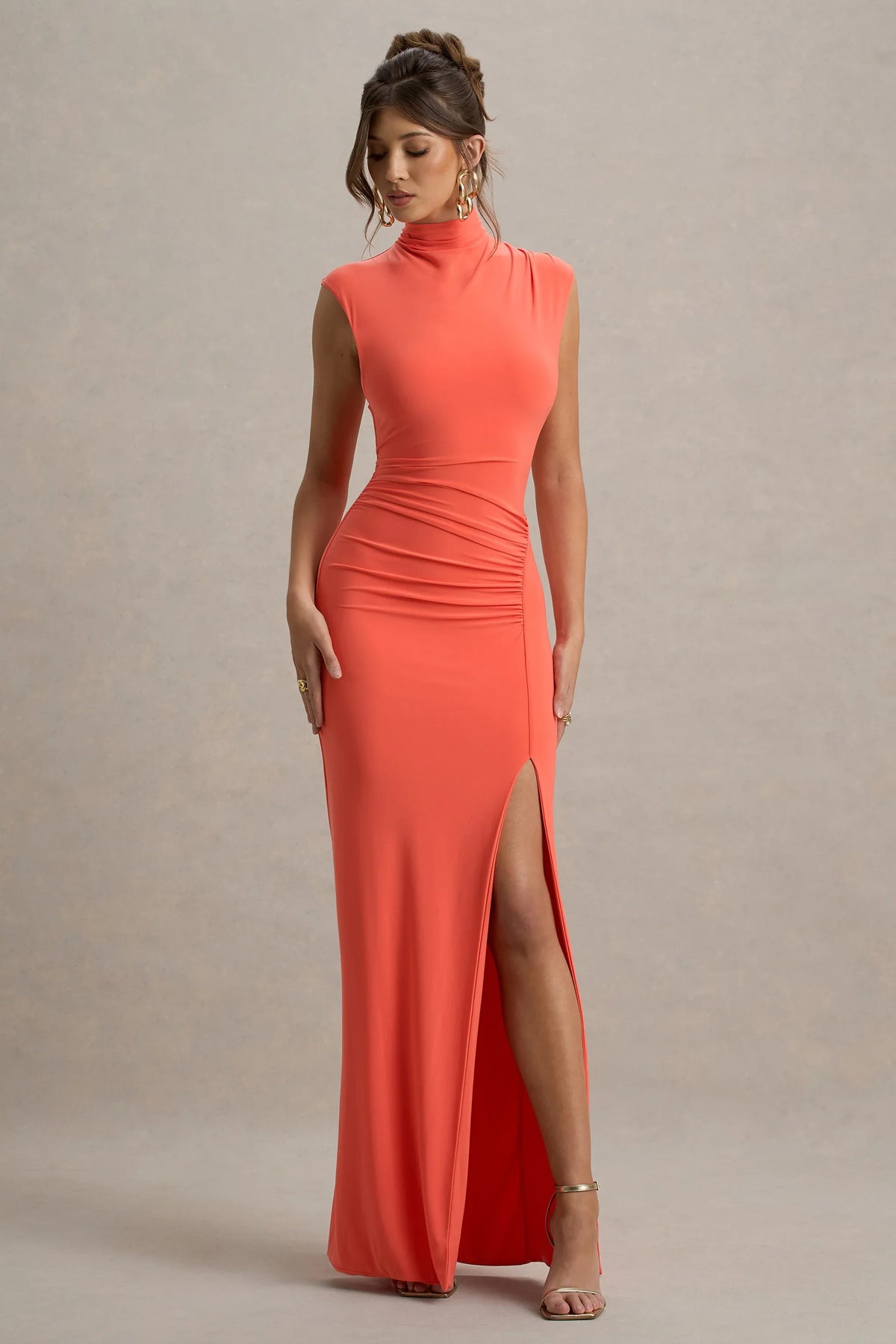 Lanetta | Coral Ruched High-Neck Maxi Dress With Split
