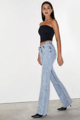 Frayed Low Rise Jeans in Light Wash Blue
