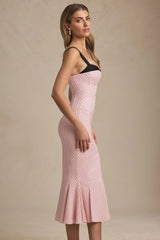 Layered Bra-Detail Fishtail Midaxi Dress in Pink Polka Dot