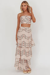 Ezmeralda Tiered Ruffle Maxi Skirt Floral Beige