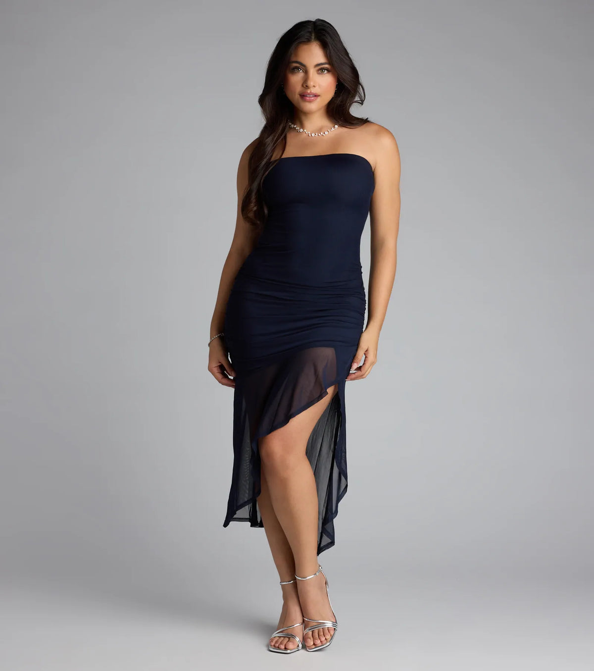 All Eyes On You Strapless Ruffle Midi Dress